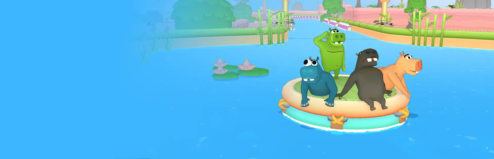 Four cartoon animals riding a round raft across a sunny lagoon. No game logo.